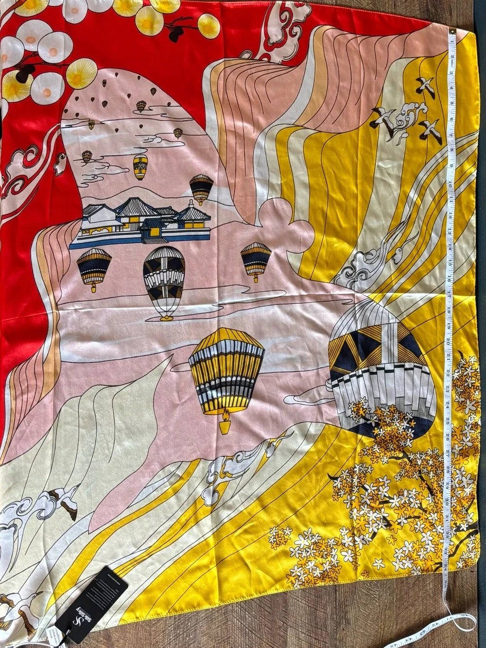 Silk Silky Vibrant Hot Air Balloon, Bird & Flower Print Scarf Red, Yellow & Pink